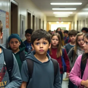 Students in a school hallway expressing concern about funding cuts