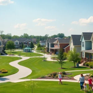 Suburban neighborhood in the Midwest with families enjoying the outdoors