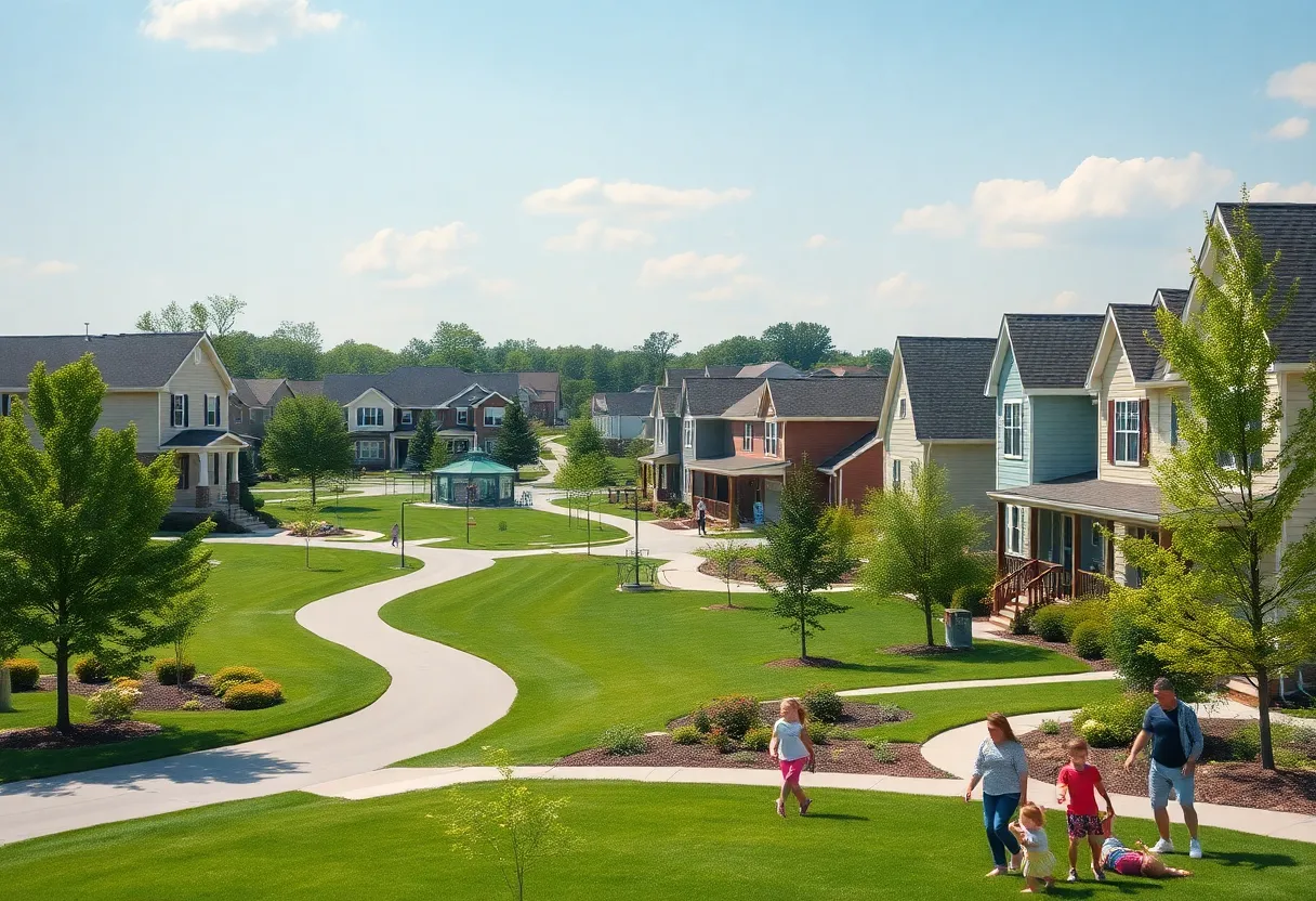 Suburban neighborhood in the Midwest with families enjoying the outdoors