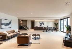 A modern basement interior showcasing stylish furniture and lighting.