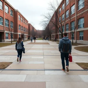 An empty walkway on Michigan State University campus reflecting budget cuts.