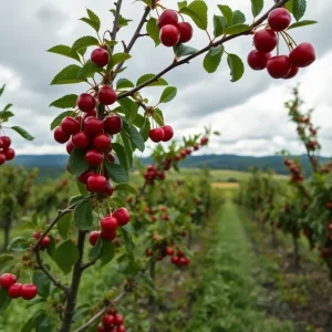 Cherry orchard in Northern Michigan with ripe cherries