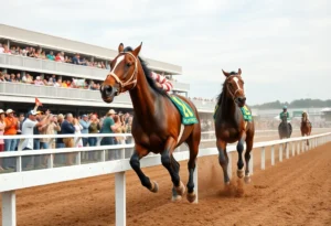 A racehorse crossing the finish line at Northville Downs