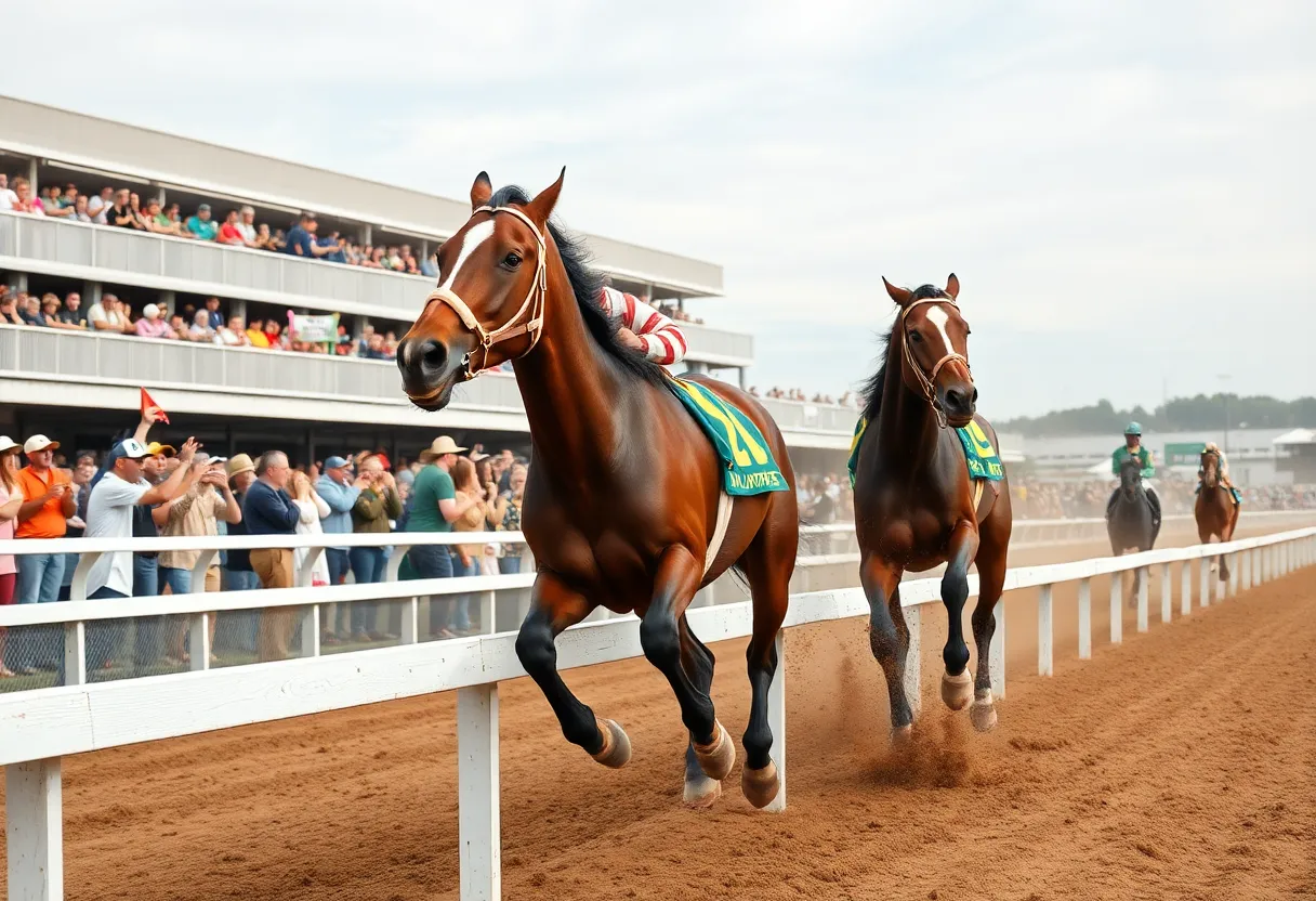 A racehorse crossing the finish line at Northville Downs