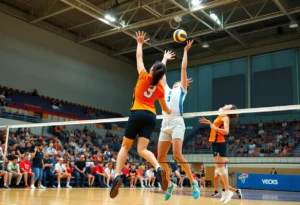 Northville Mustangs volleyball team competing in a close match against Novi Wildcats.