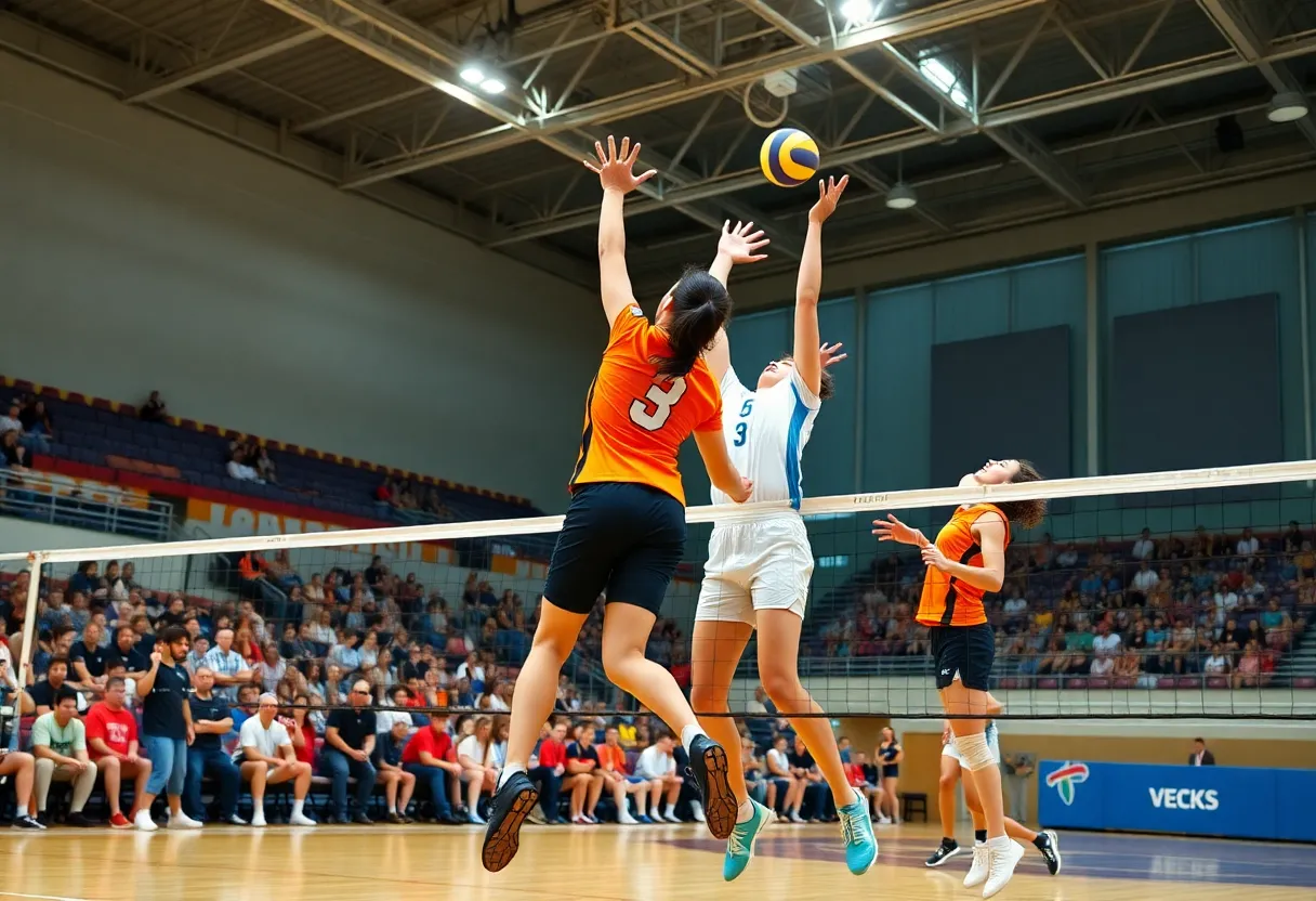 Northville Mustangs volleyball team competing in a close match against Novi Wildcats.