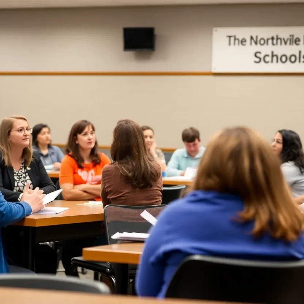 Teachers and parents at a school board meeting discussing contract negotiations.