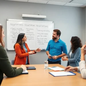 Teachers engaging in discussions about contract negotiations in a classroom.