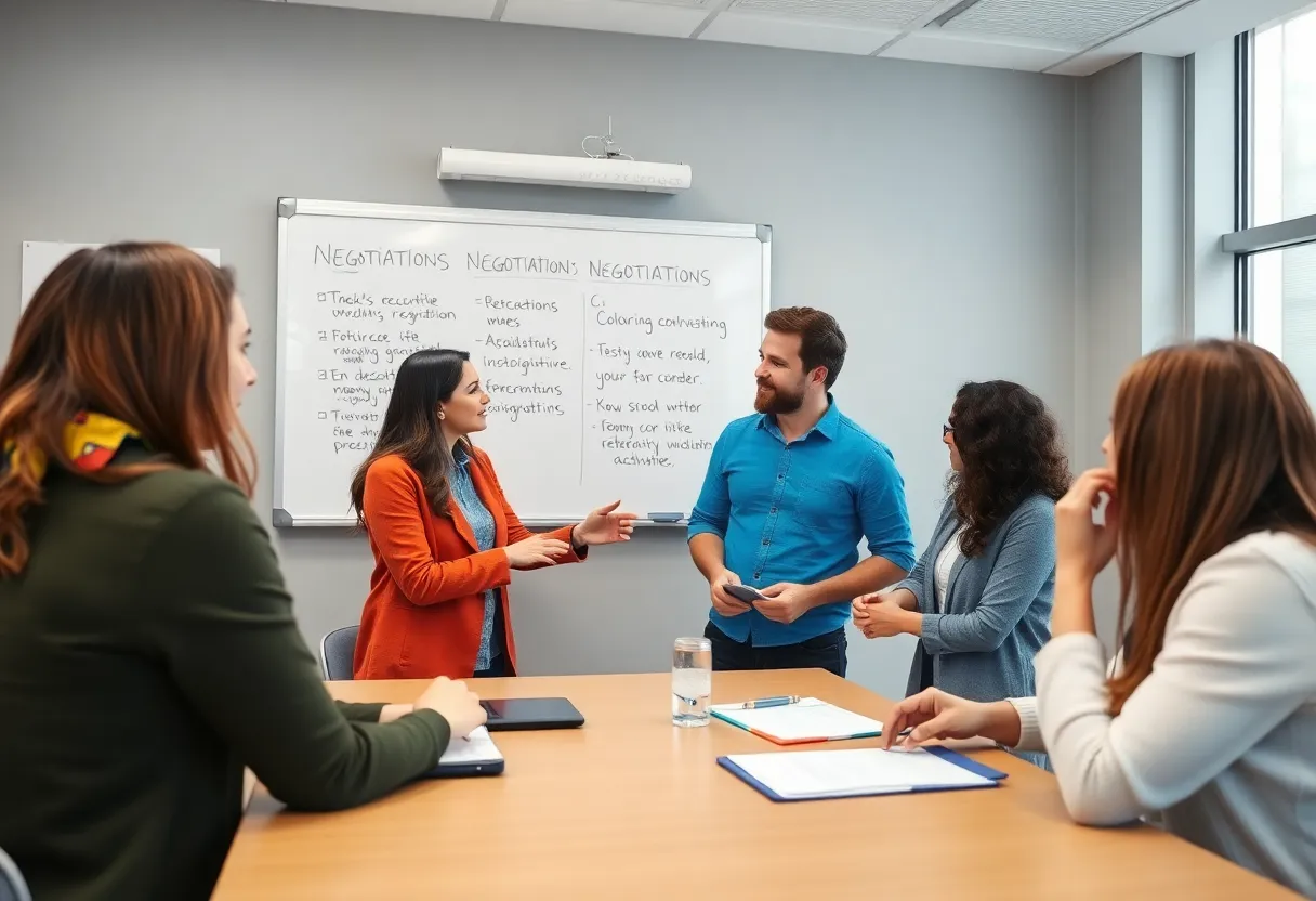 Teachers engaging in discussions about contract negotiations in a classroom.