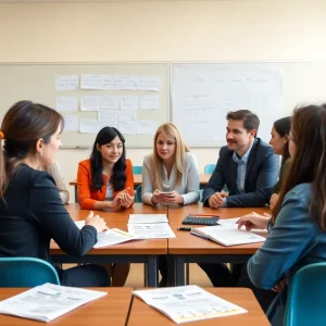 Teachers in a classroom discussing contract negotiations