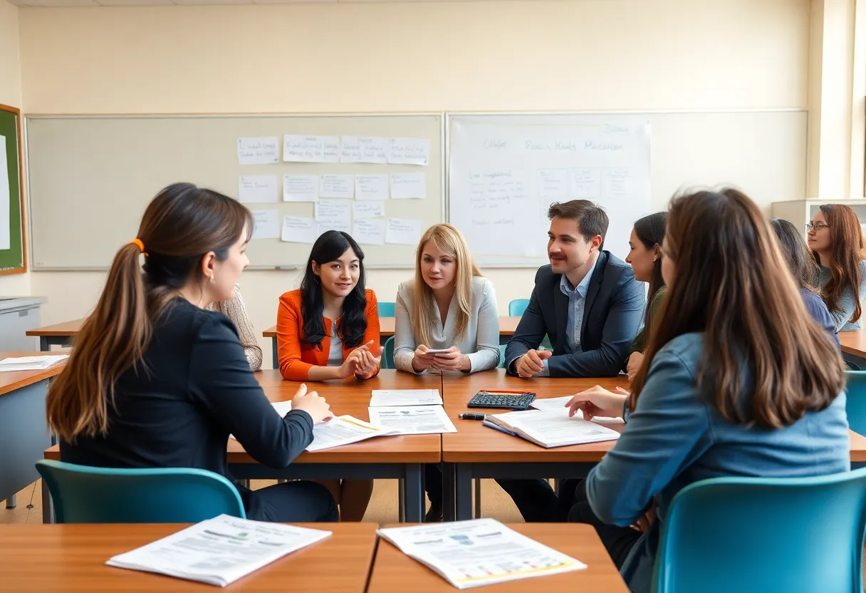 Teachers in a classroom discussing contract negotiations