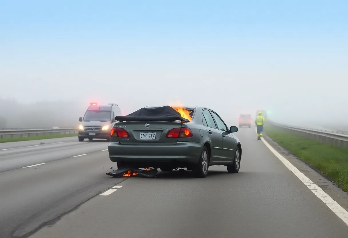 Crash scene on Interstate 96 in Novi with two vehicles and emergency services.