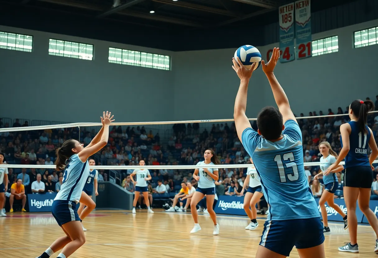 Novi Wildcats competing against Northville Mustangs in a volleyball match.