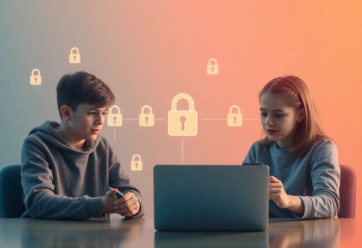Digital age verification concept with locks and young users