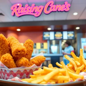 Exterior view of the new Raising Cane's restaurant in Ann Arbor