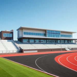 Overhead view of the renovated Ralph E. Myers Stadium showcasing the new synthetic turf and upgraded facilities.