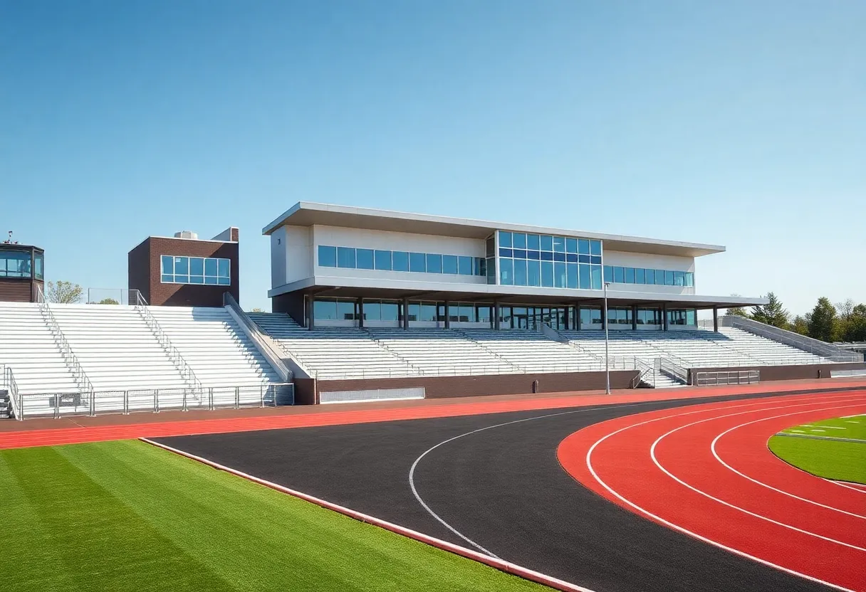 Overhead view of the renovated Ralph E. Myers Stadium showcasing the new synthetic turf and upgraded facilities.