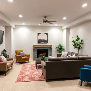 Cozy family room in a remodeled basement with stylish decor