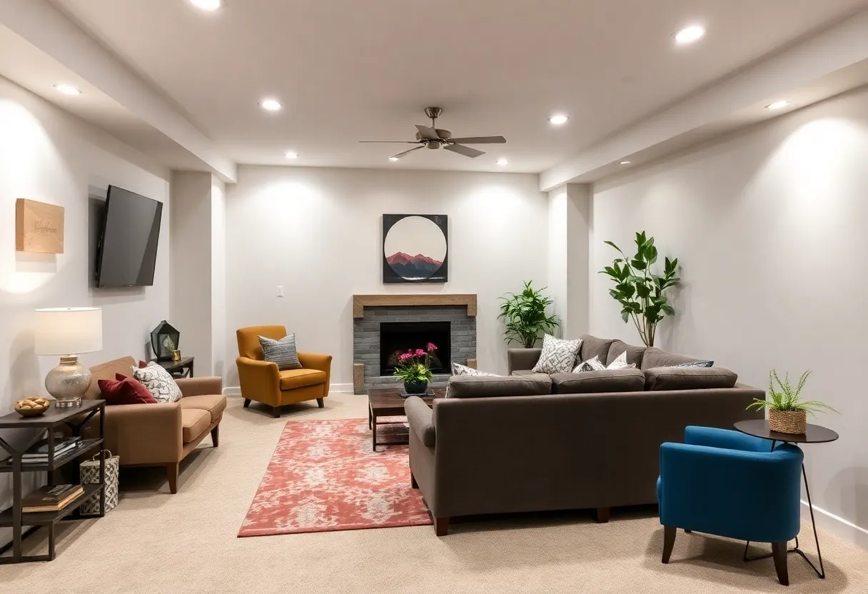 Cozy family room in a remodeled basement with stylish decor