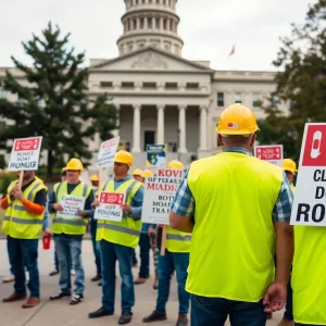 Construction workers protesting for road funding outside Michigan's statehouse