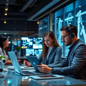 Professionals collaborating in an advanced CRM environment with AI tools.