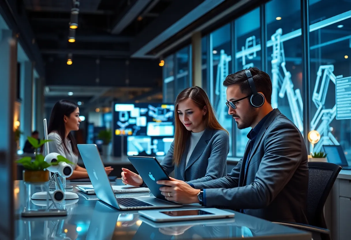 Professionals collaborating in an advanced CRM environment with AI tools.