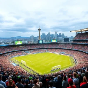 Fans cheering for Seattle Sounders in a soccer stadium