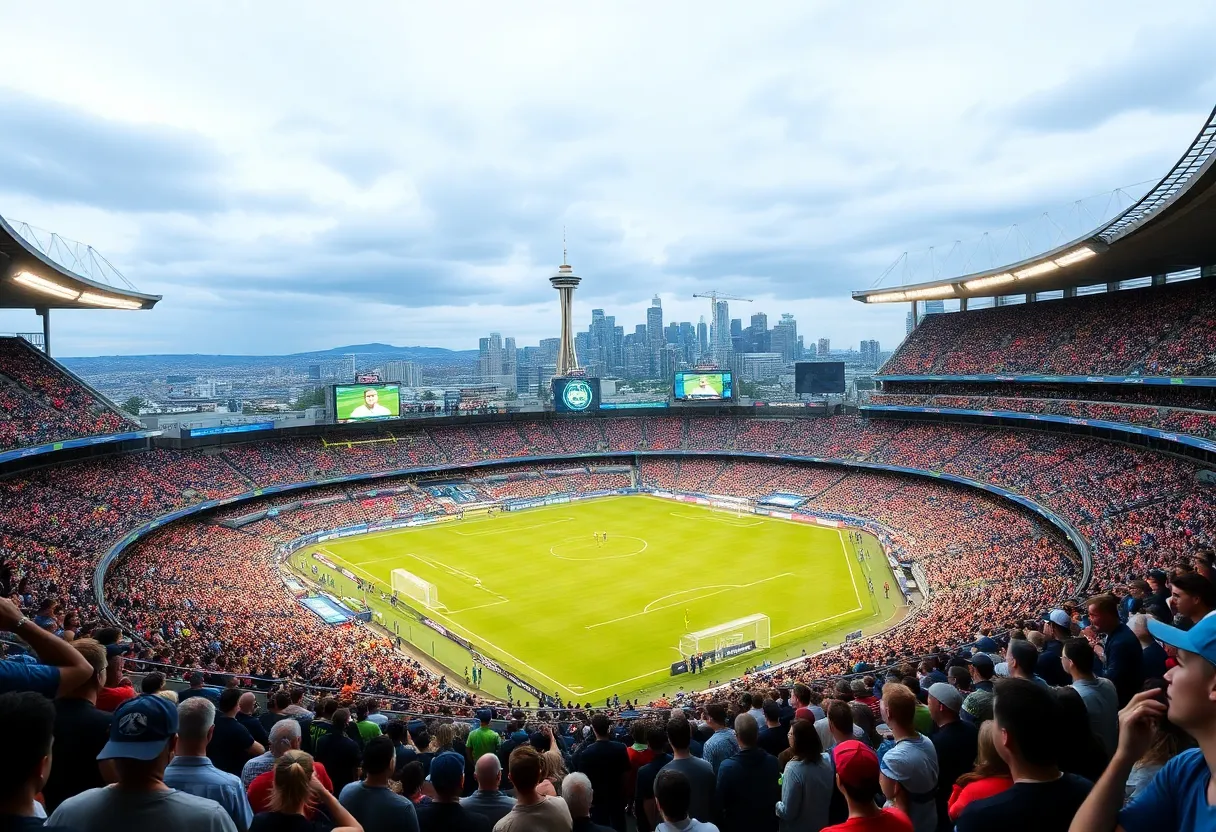 Fans cheering for Seattle Sounders in a soccer stadium
