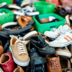 Image showing various shoes collected for donation at a drive in Michigan.