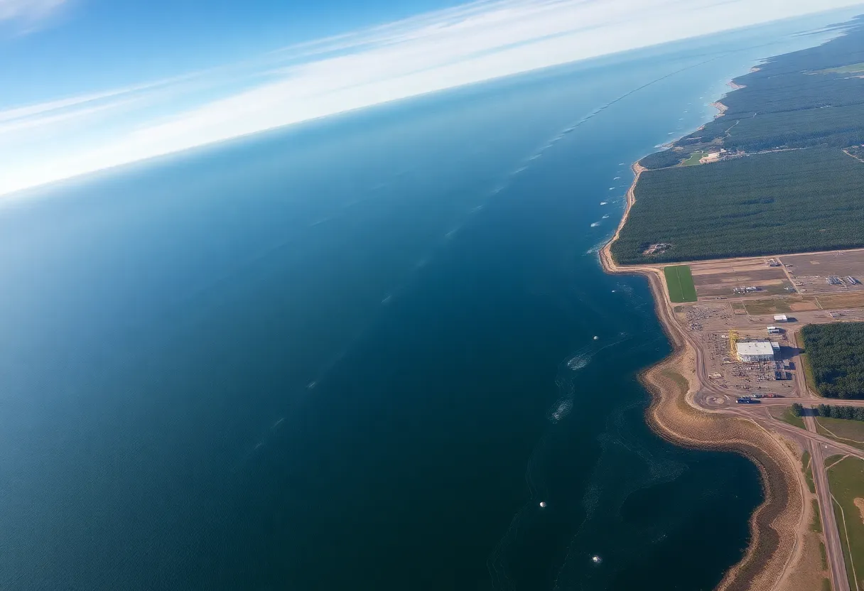 Aerial view of the Straits of Mackinac showing infrastructure related to pipelines