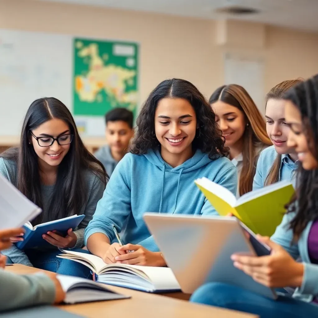Diverse high school students studying in a classroom for dual enrollment