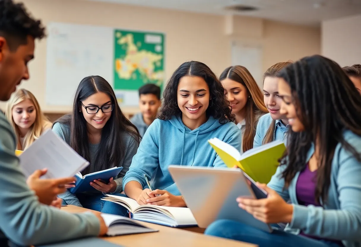Diverse high school students studying in a classroom for dual enrollment