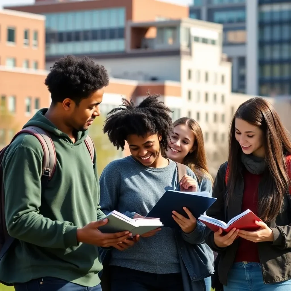 A diverse group of college students engaged in study together on campus.