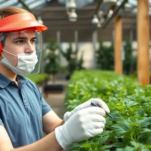 Student handling plants in a greenhouse with safety gear
