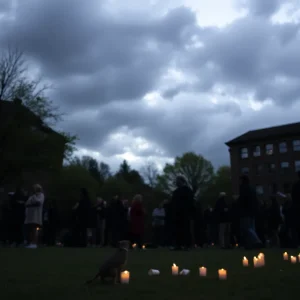 Somber university rally scene with candles