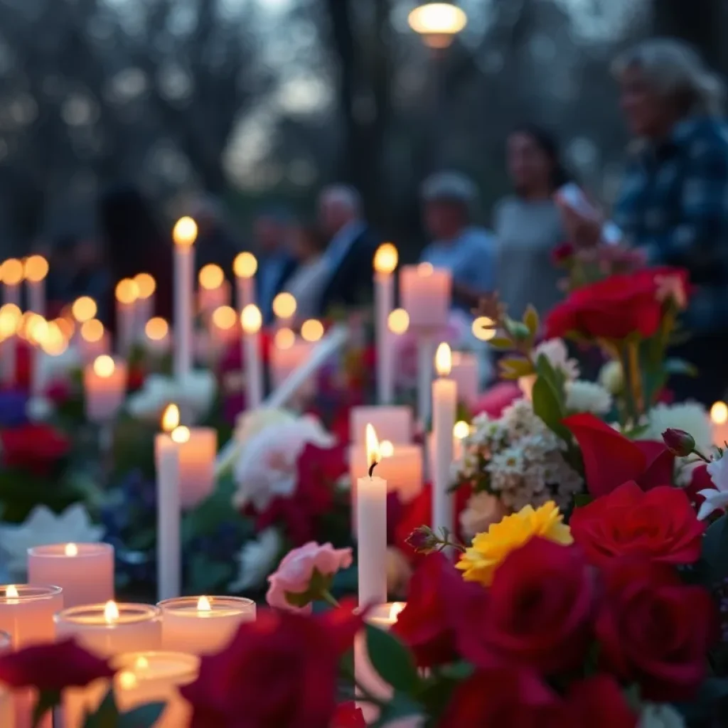 Community vigil with candles and flowers honoring a victim of domestic violence
