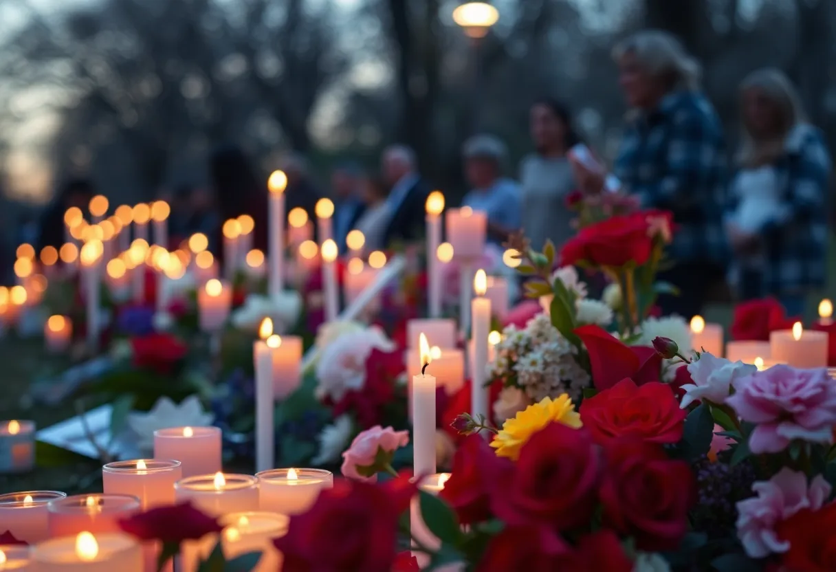 Community vigil with candles and flowers honoring a victim of domestic violence