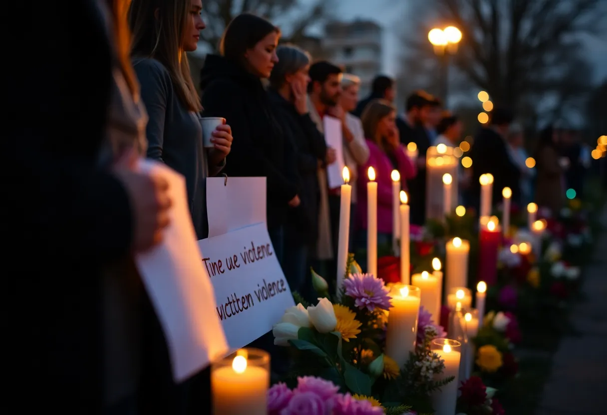 Community members gather for a vigil in remembrance of the murder-suicide victim.