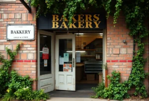 Closed bakery storefront with vintage sign and nature surrounding it