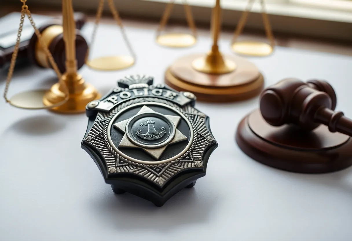 Image depicting a police badge, legal scale, and gavel signifying law enforcement accountability.