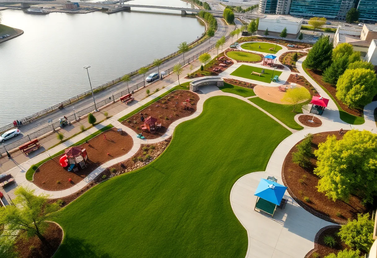 Aerial view of A.B. Ford Park showing new amenities and families enjoying the park.