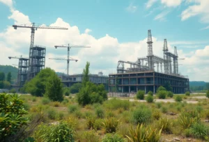View of an abandoned electric vehicle battery plant construction site with vegetation growing over unused machinery.