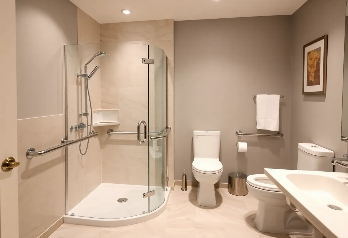 Modern accessible bathroom with walk-in shower and safety features