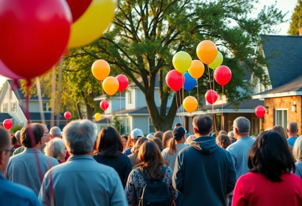 Community members release balloons in memory of a shooting victim.