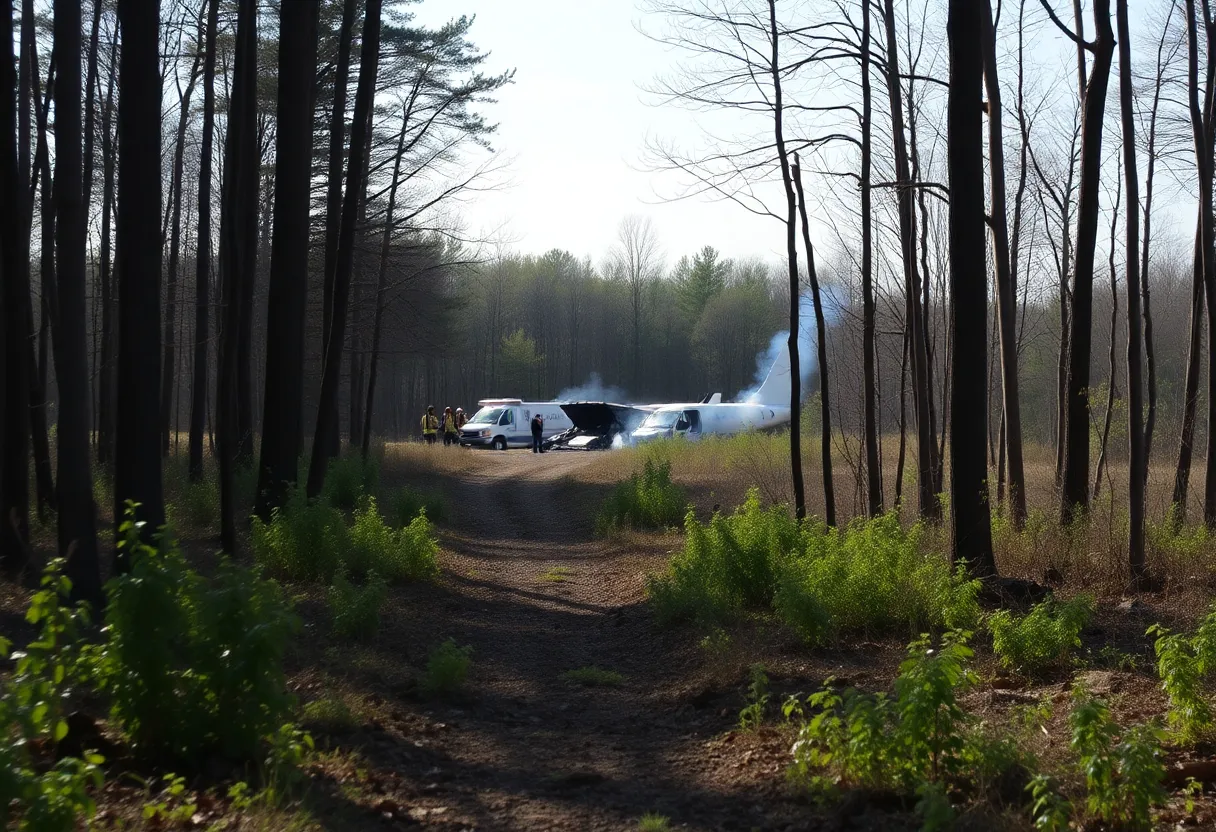 Site of a plane crash surrounded by wooded area in Bath Township, Michigan.