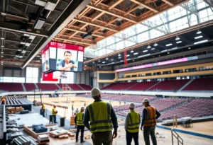 Interior view of Calihan Hall renovations with construction in progress
