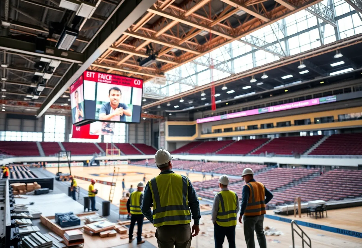 Interior view of Calihan Hall renovations with construction in progress