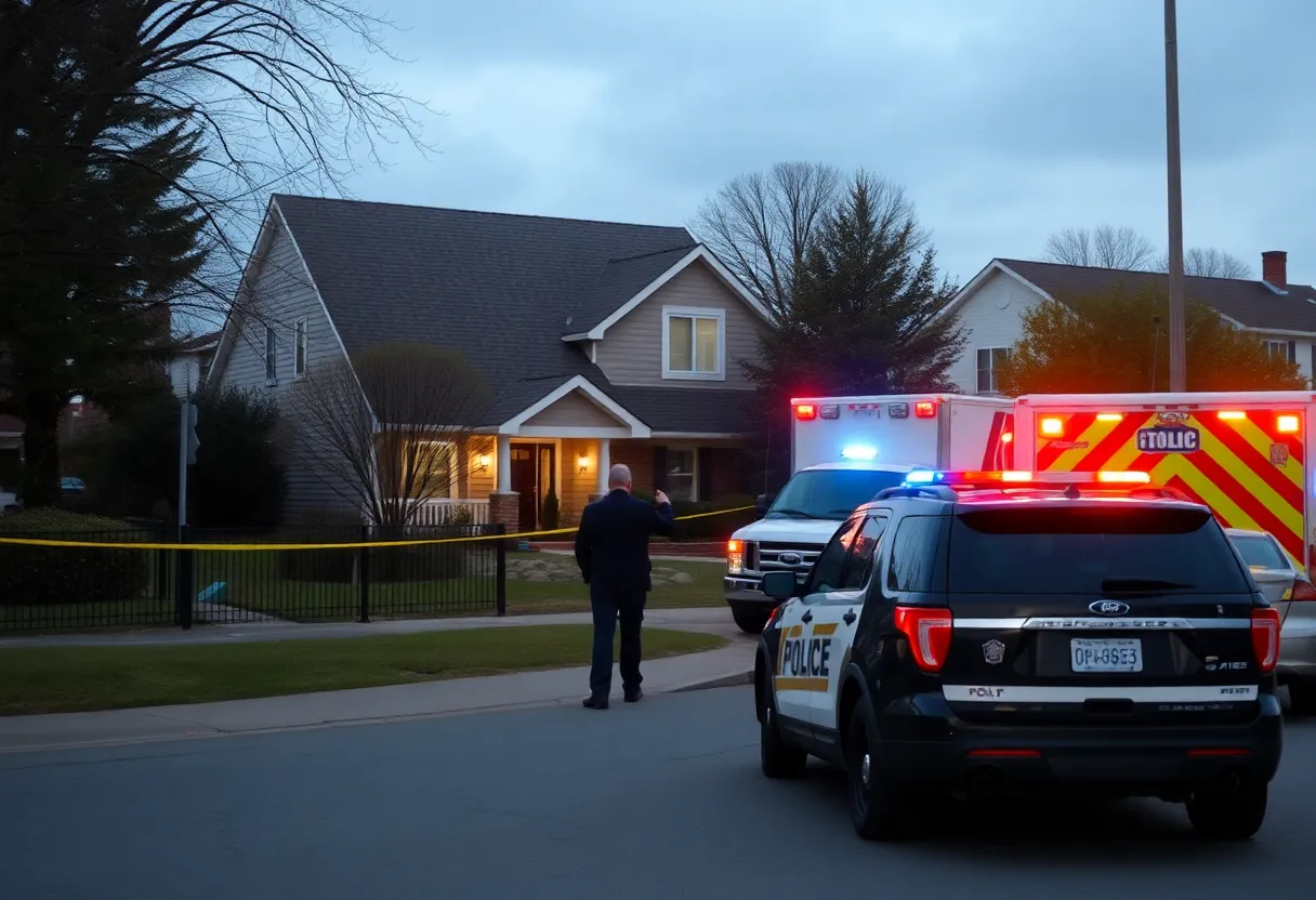 Scene outside a suburban home after a domestic violence incident with police presence.