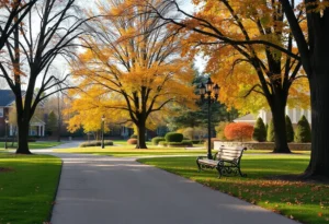Park setting reflecting fall colors, symbolizing love and remembrance.