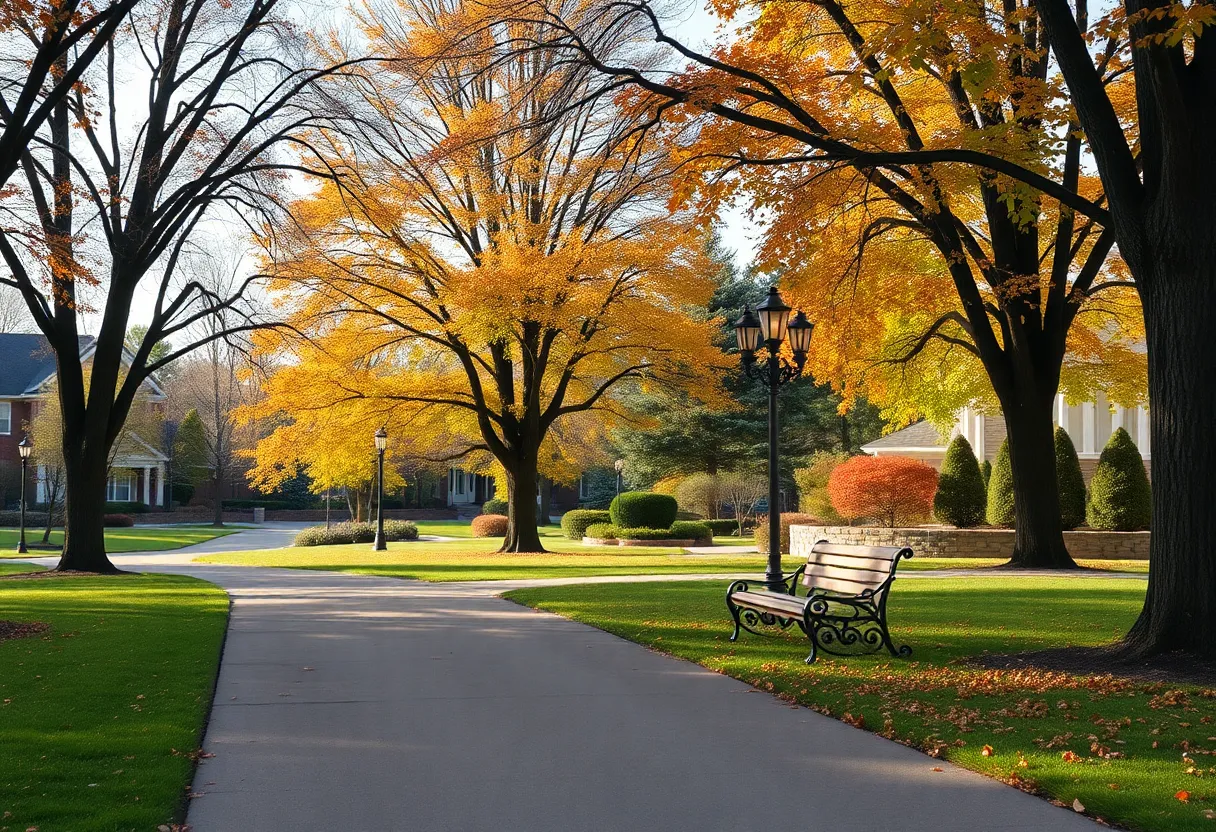 Park setting reflecting fall colors, symbolizing love and remembrance.